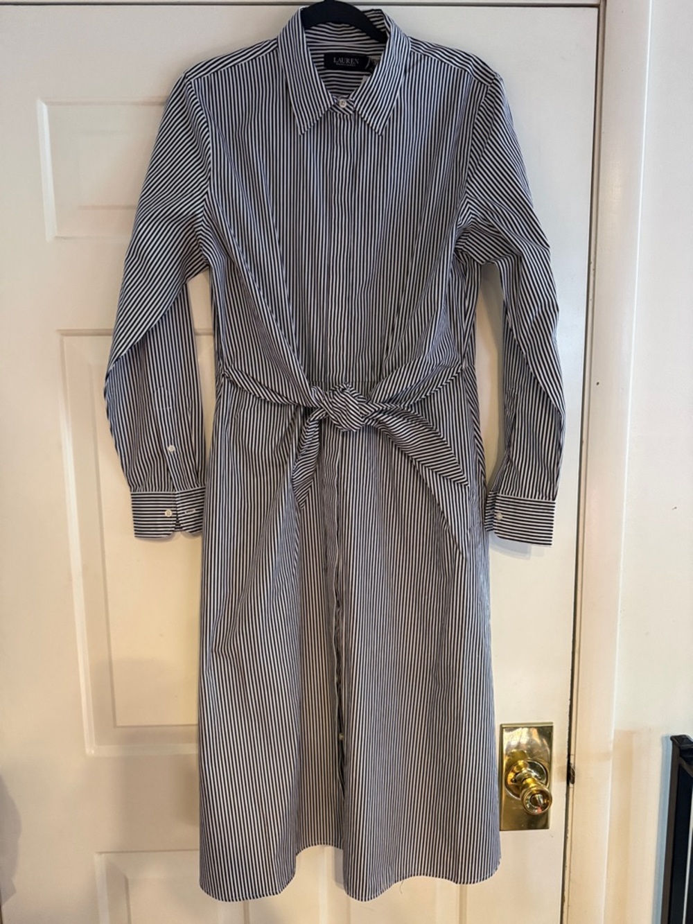 Ralph Lauren Black & White Pinstripe Tie-Waist Shirtdress. Size 10 (12?) NWT